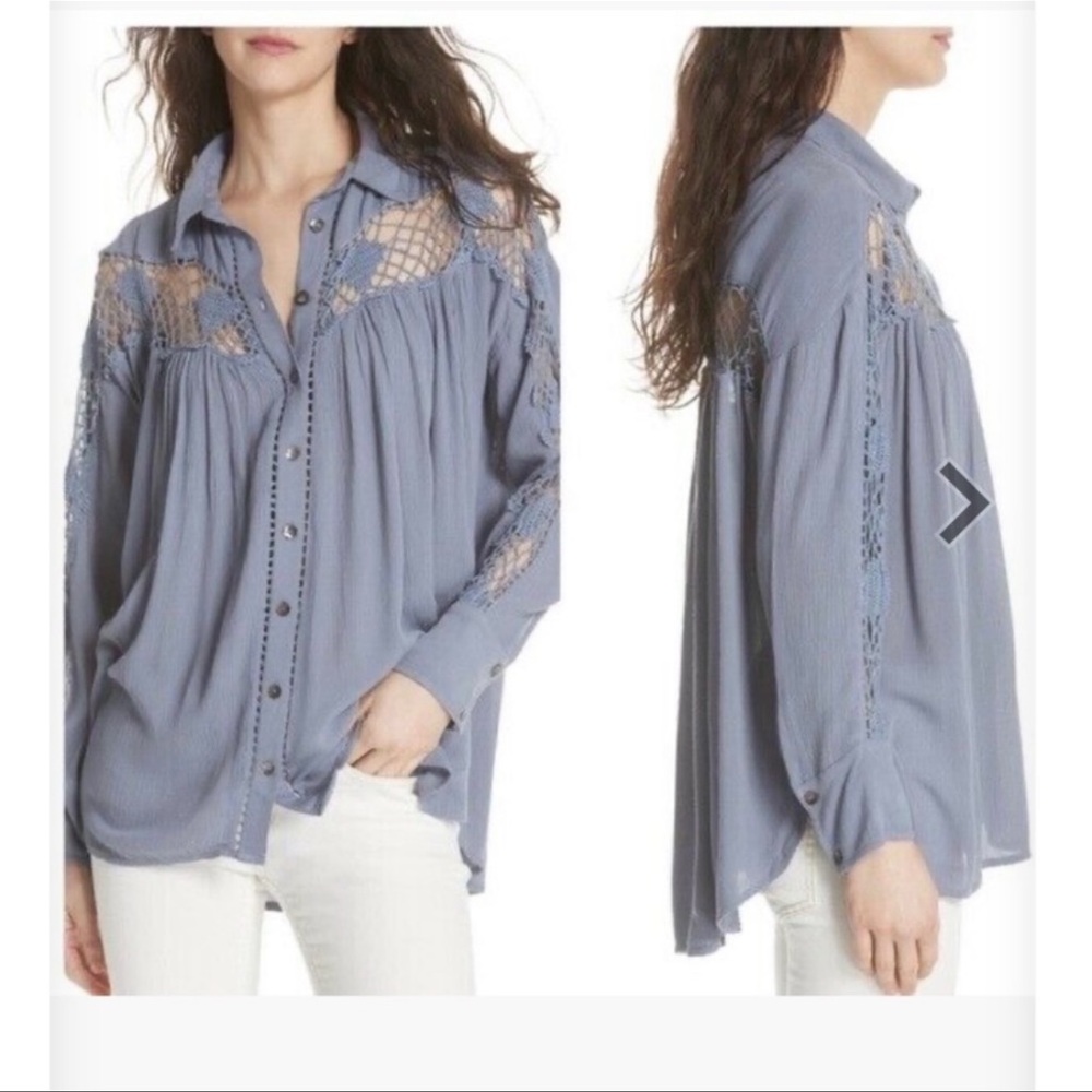 Free People Katie Bird Lace Crochet Inset Blue Button Down Blouse, XS - Picture 4 of 7